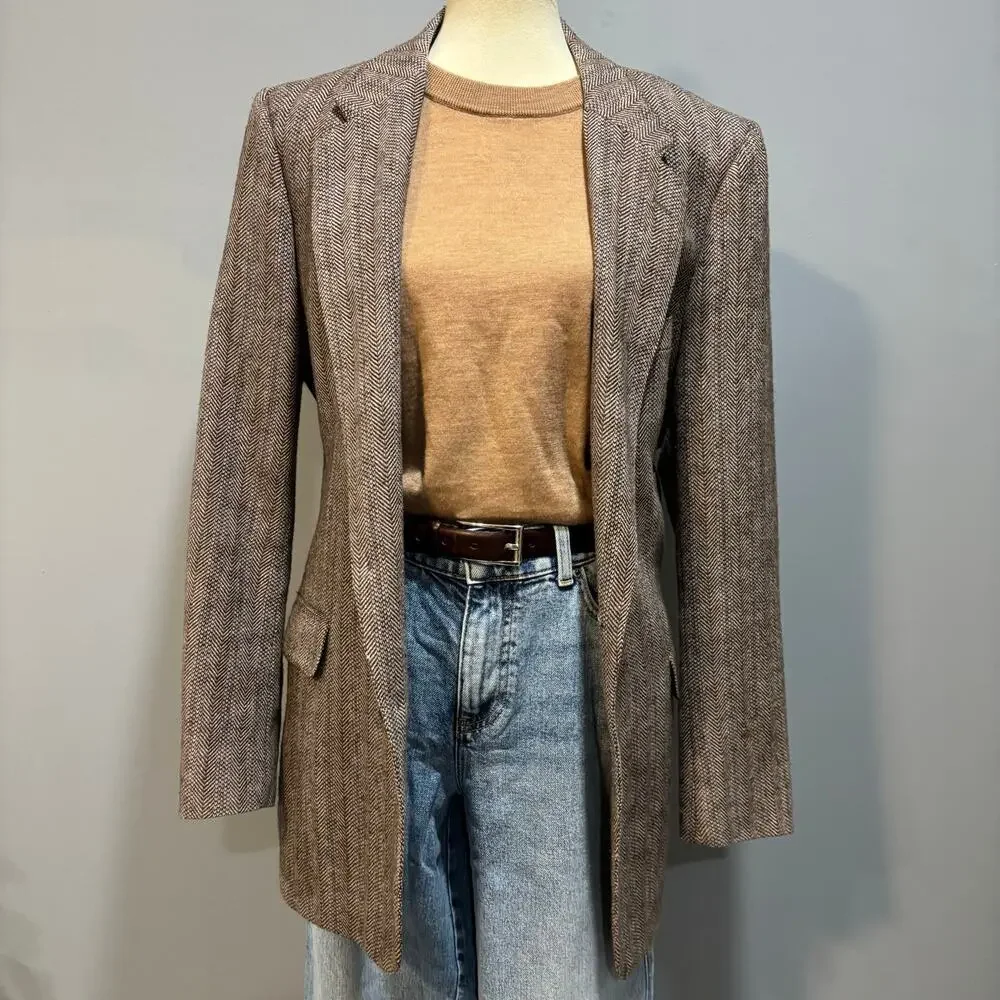 VTG Witty Brothers Herringbone Tweed Wool Blazer Jacket Brown Dark Academia, 42